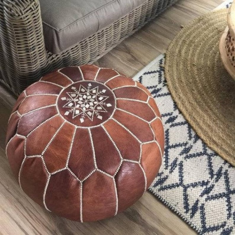 Leather moroccan pouf ottoman for Home by IndiFash thumbnail 4