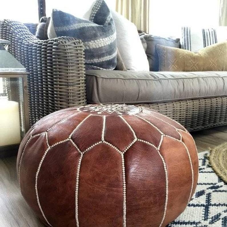 Leather moroccan pouf ottoman for Home by IndiFash thumbnail 6
