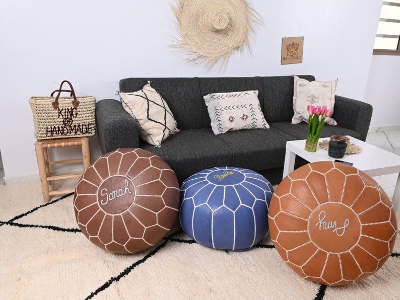 Leather moroccan pouf ottoman for Home by IndiFash thumbnail 8