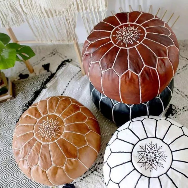 Leather moroccan pouf ottoman for Home by IndiFash thumbnail 9
