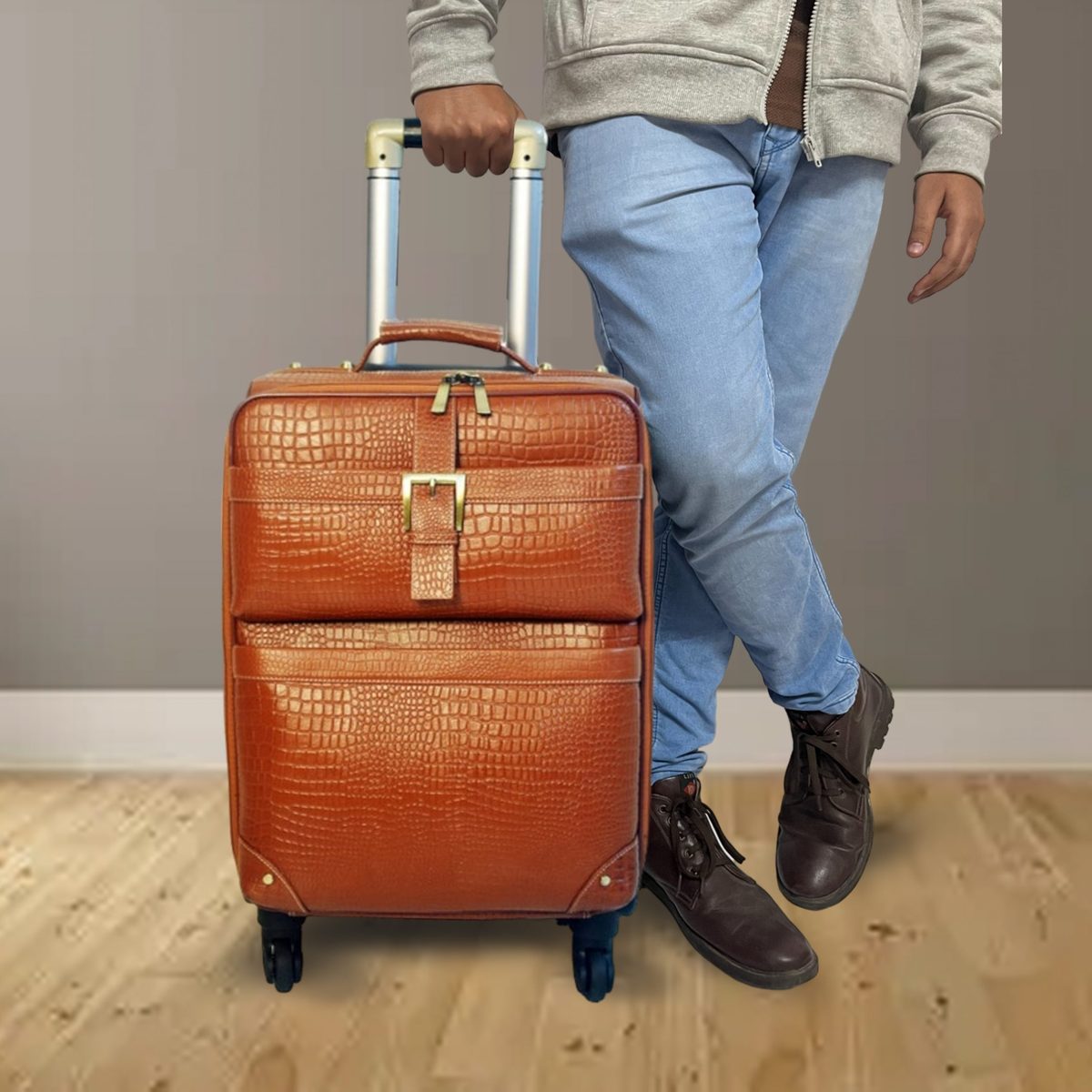 Leather Trolley Travel Bag Weekender Overnight Light Brown Leather Bag With Four Wheels Leather Cabin thumbnail 2