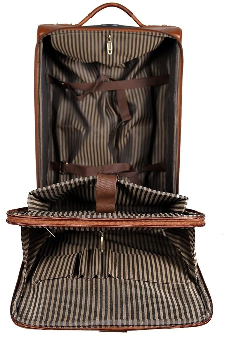 Leather Trolley Travel Bag Weekender Overnight Light Brown Leather Bag With Four Wheels Leather Cabin thumbnail 6