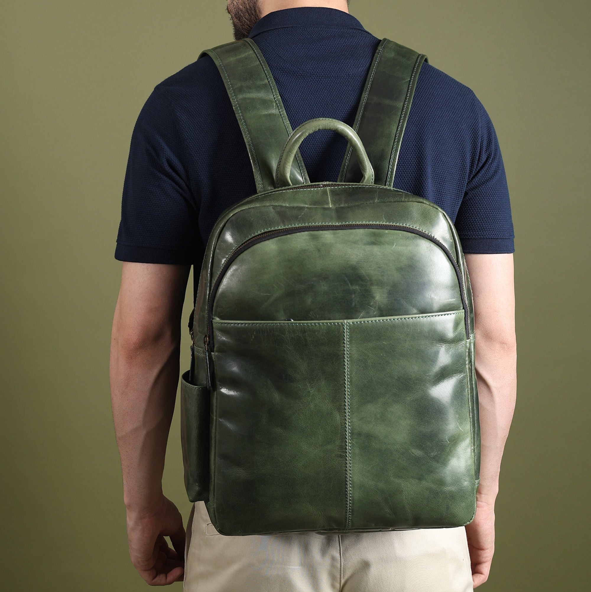Luxury Italian Leather Backpack, Green thumbnail 2