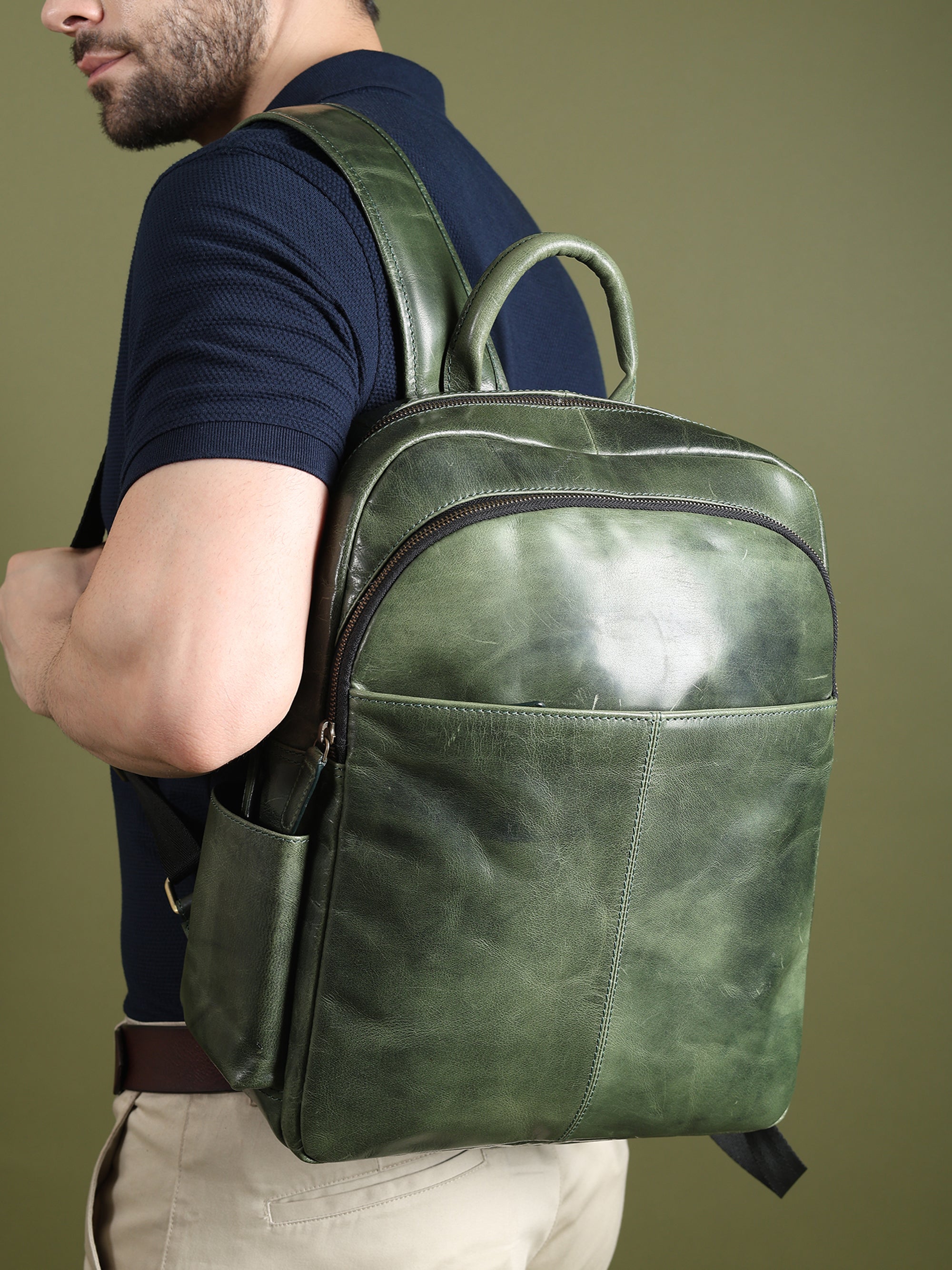 Luxury Italian Leather Backpack, Green thumbnail 3