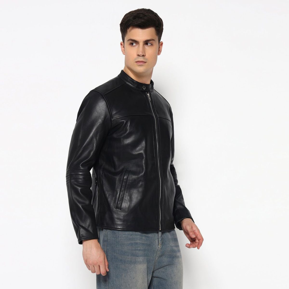 Men’S Timeless Plain Black Leather Jacket thumbnail 3