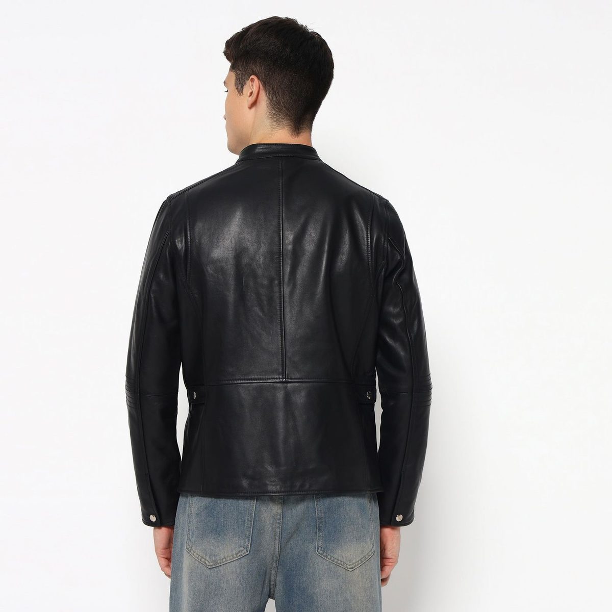 Men’S Timeless Plain Black Leather Jacket thumbnail 5