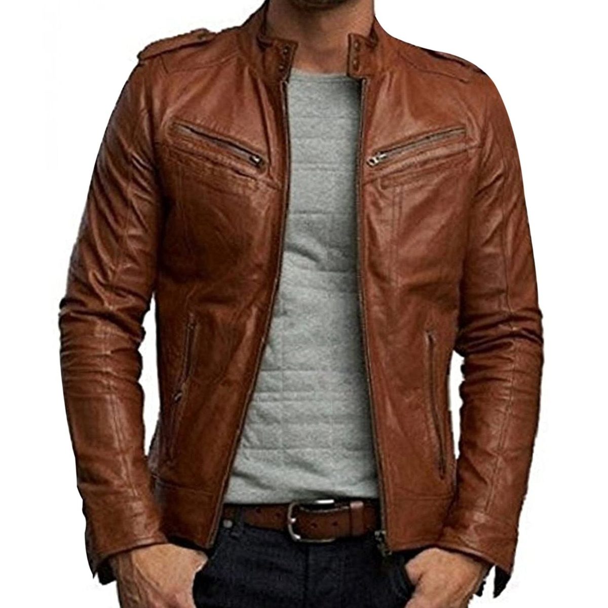 Men's Brown Leather Jacket thumbnail 4