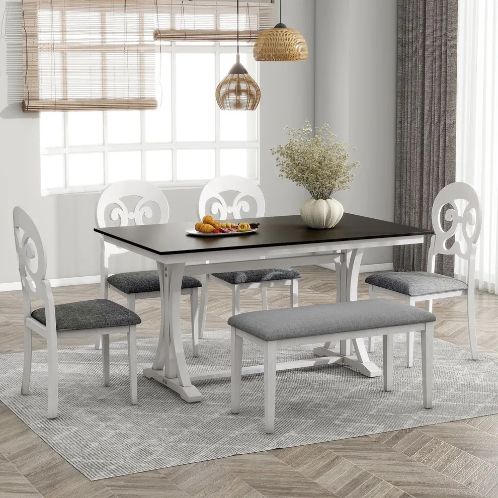 Mid-Century 6-Piece Trestle Dining Set with Victorian Upholstery