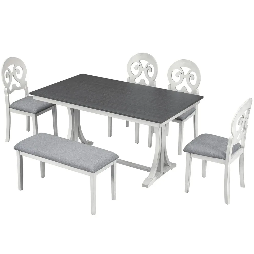 Mid-Century 6-Piece Trestle Dining Set with Victorian Upholstery thumbnail 5