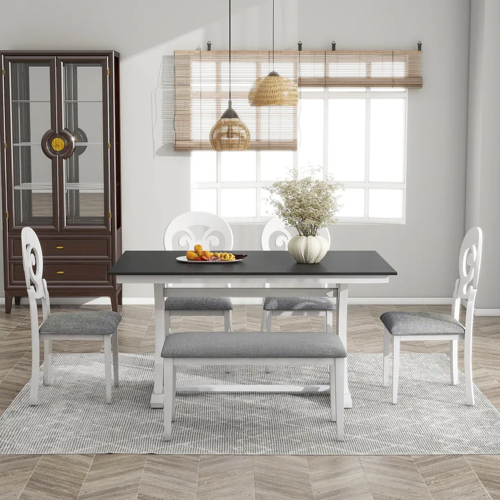 Mid-Century 6-Piece Trestle Dining Set with Victorian Upholstery thumbnail 8