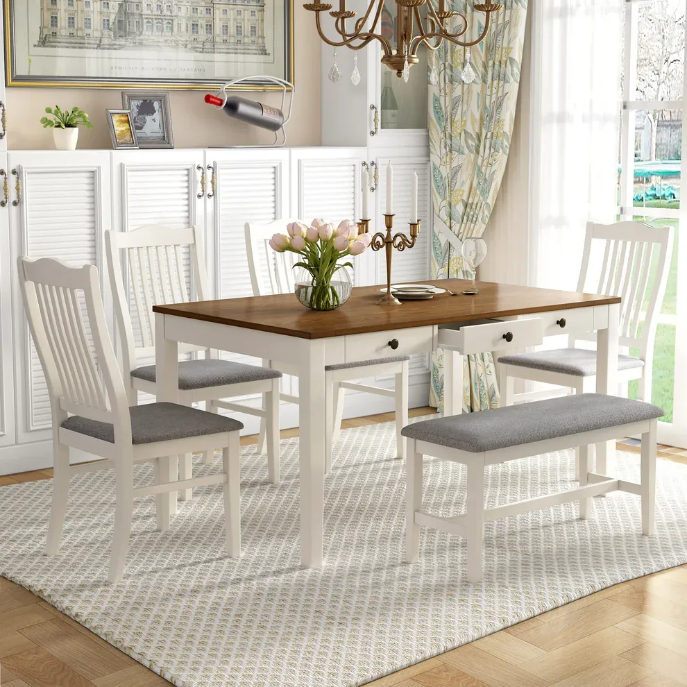 Mid-Century 6-Piece Wooden Dining Set with Storage Drawer
