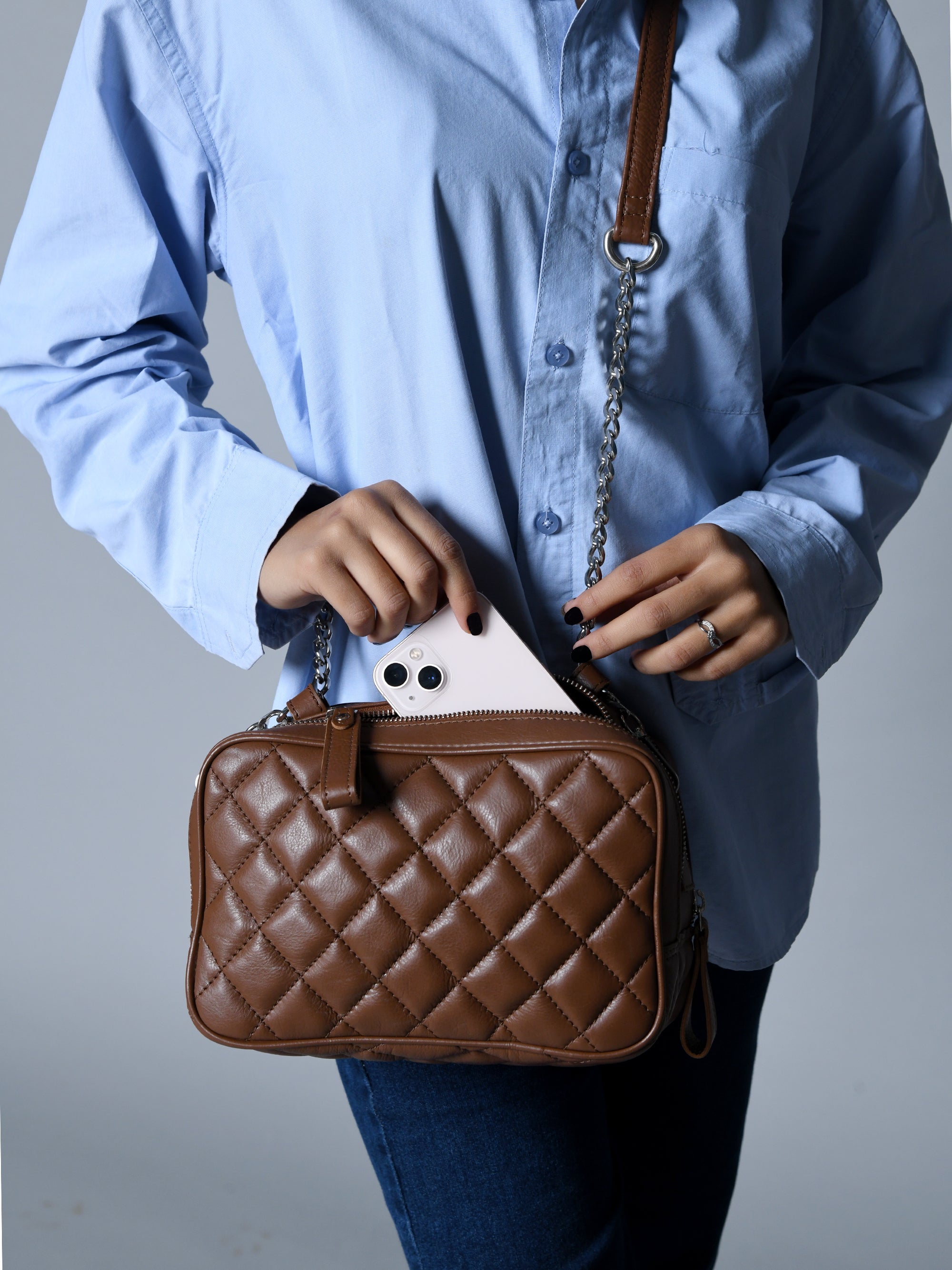 Stylish Mini Quilted Crossbody Bag, Rich Brown thumbnail 4