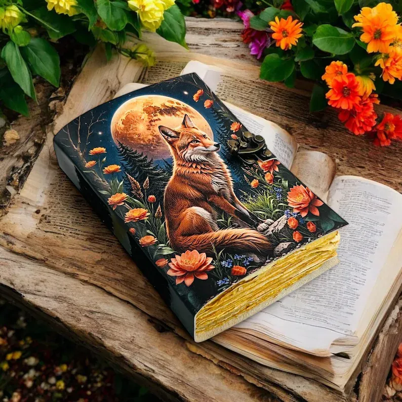 Moonlit Fox Art Leather Diary with Antique Lock
