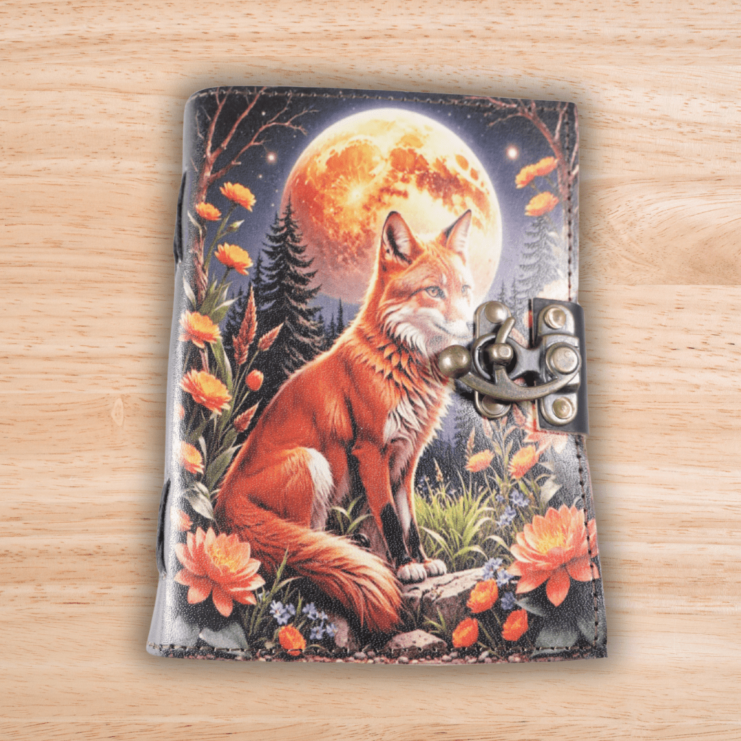 Moonlit Fox Art Leather Diary with Antique Lock thumbnail 2