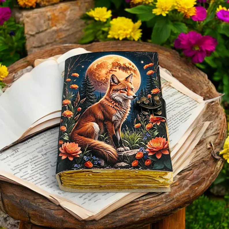 Moonlit Fox Art Leather Diary with Antique Lock thumbnail 4