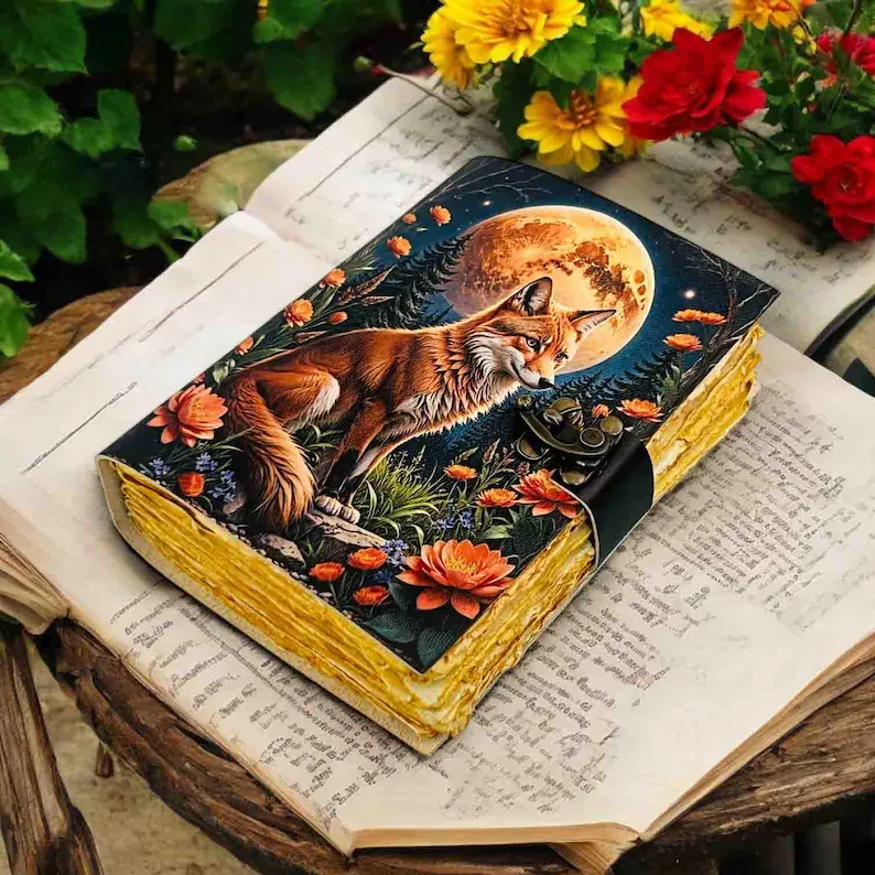 Moonlit Fox Art Leather Diary with Antique Lock thumbnail 5