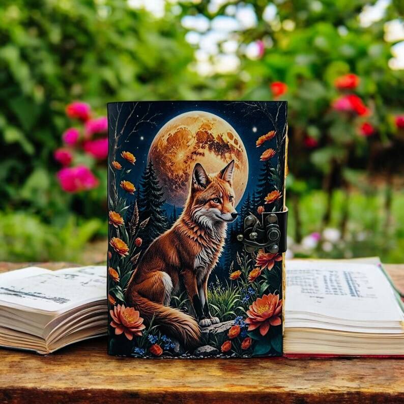 Moonlit Fox Art Leather Diary with Antique Lock thumbnail 7