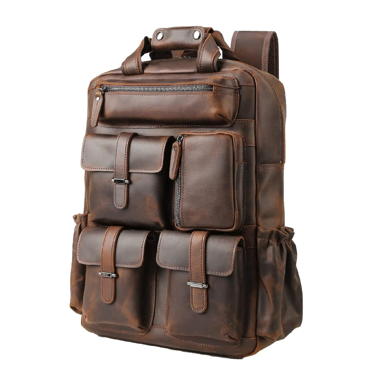 Multi-Pocket Leather Backpack