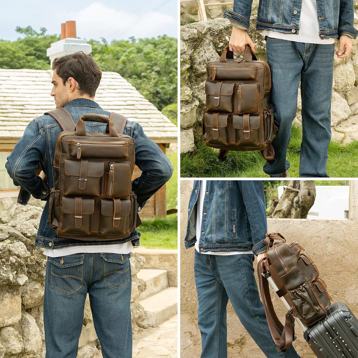 Multi-Pocket Leather Backpack thumbnail 2