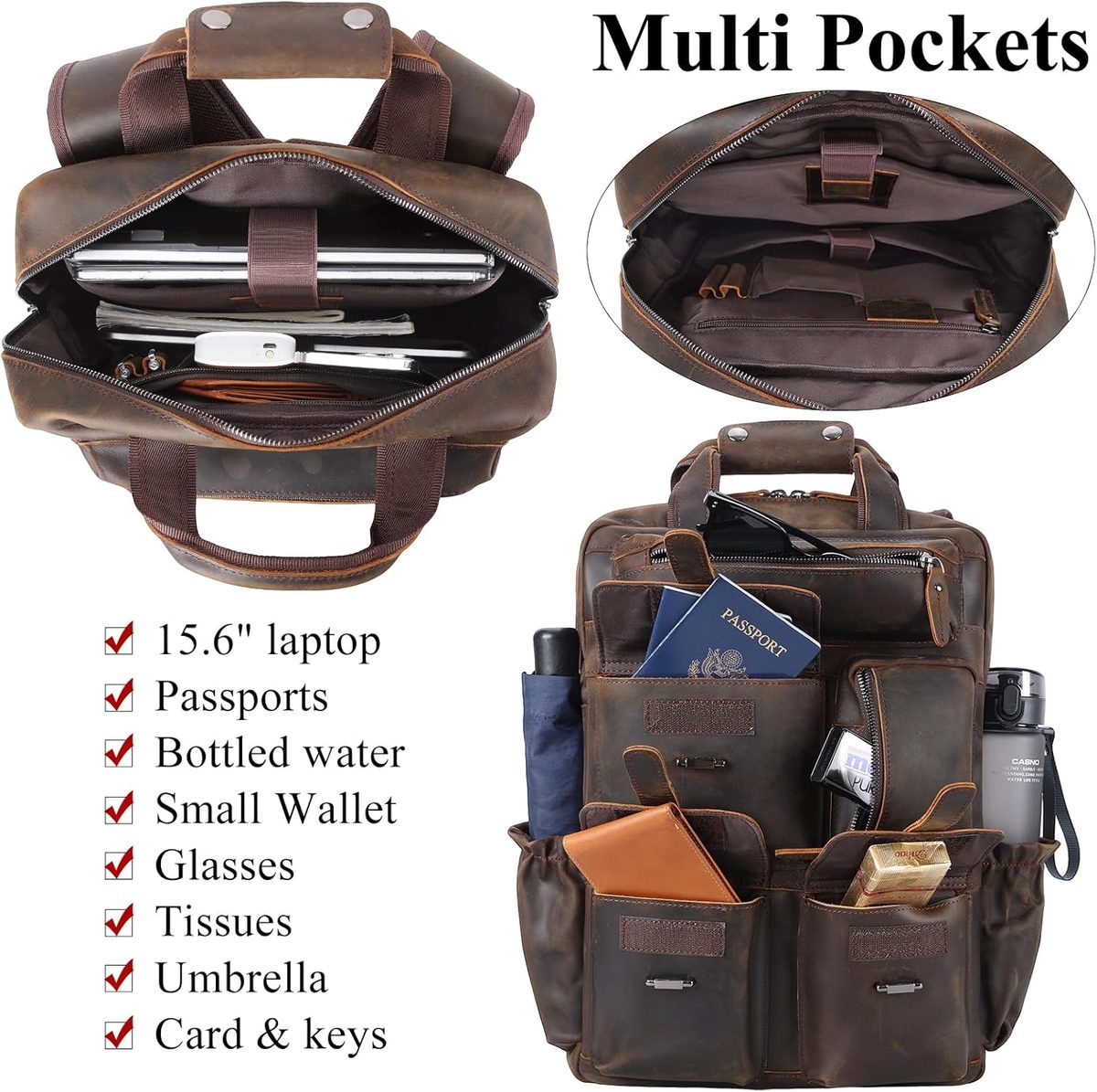 Multi-Pocket Leather Backpack thumbnail 4
