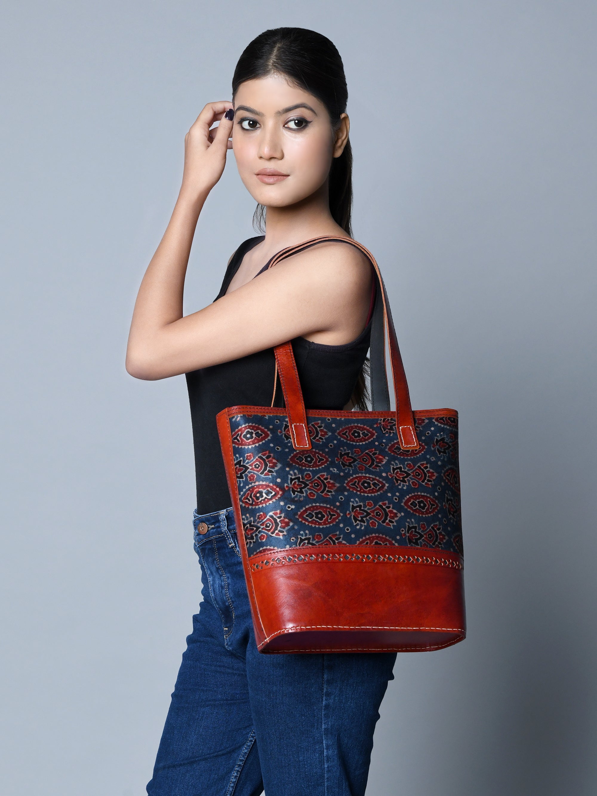 Neela Ajrakh Leather Tote Bag thumbnail 2
