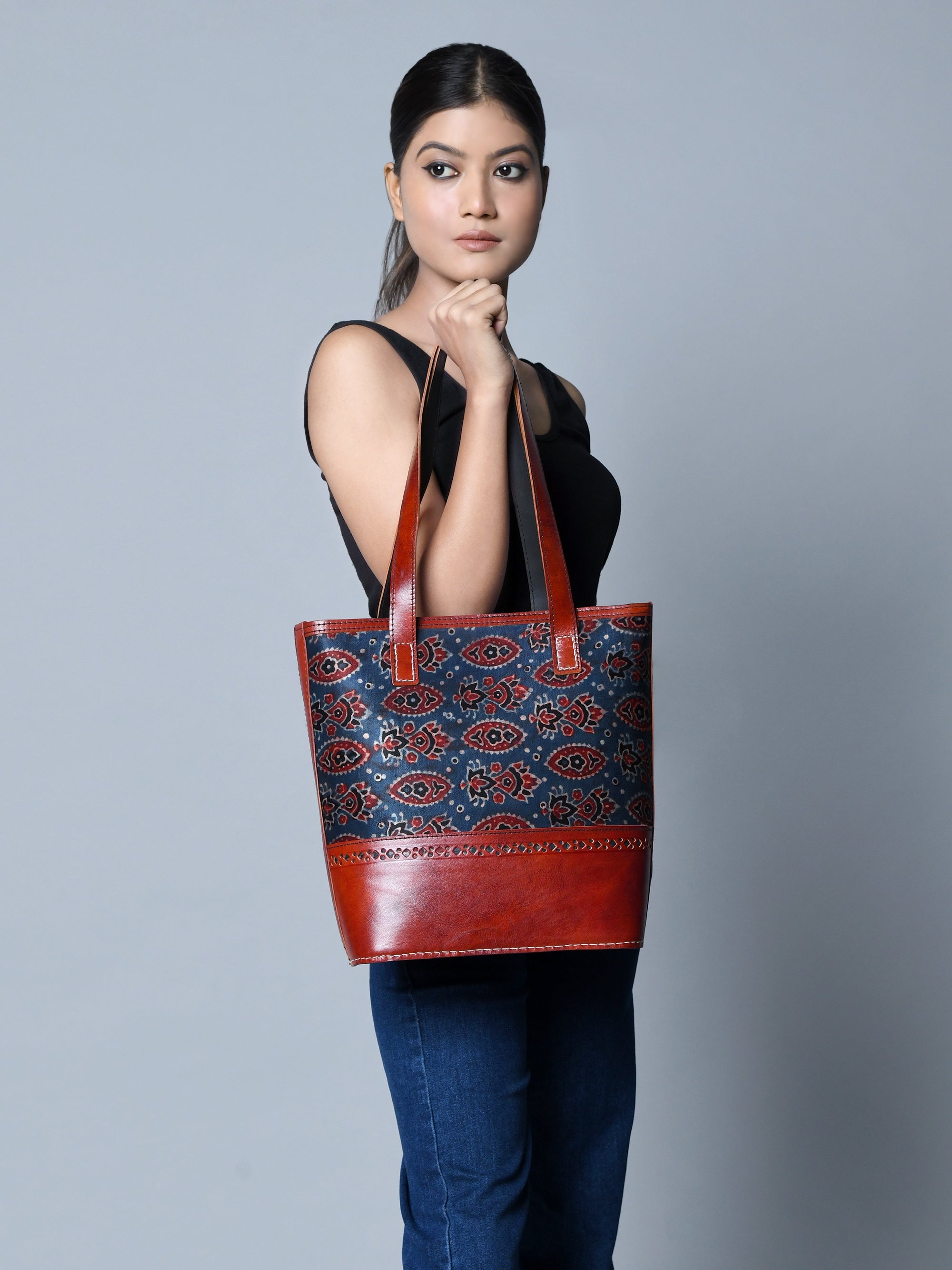 Neela Ajrakh Leather Tote Bag thumbnail 6