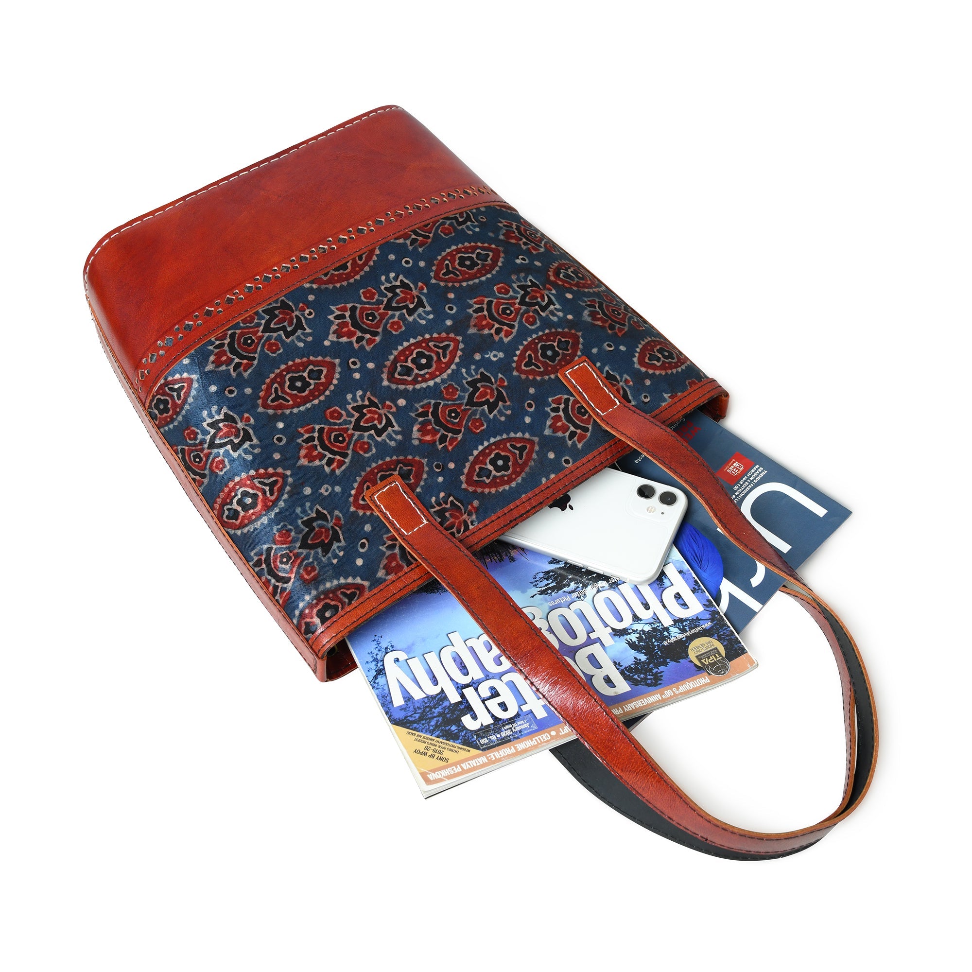 Neela Ajrakh Leather Tote Bag thumbnail 8