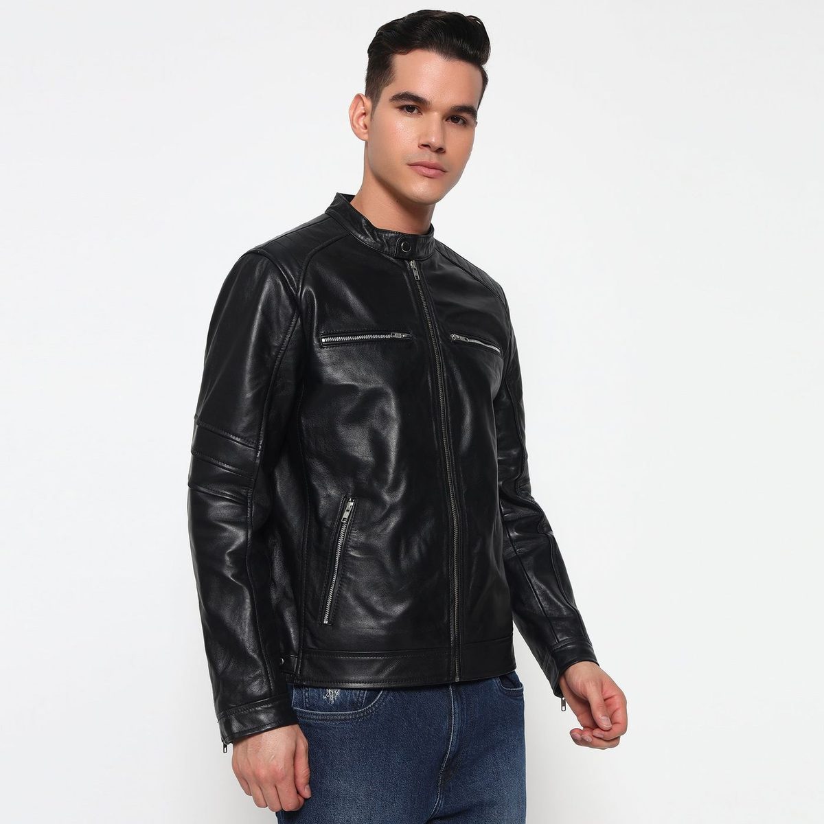 Phantom Black Leather Bomber Jacket thumbnail 3