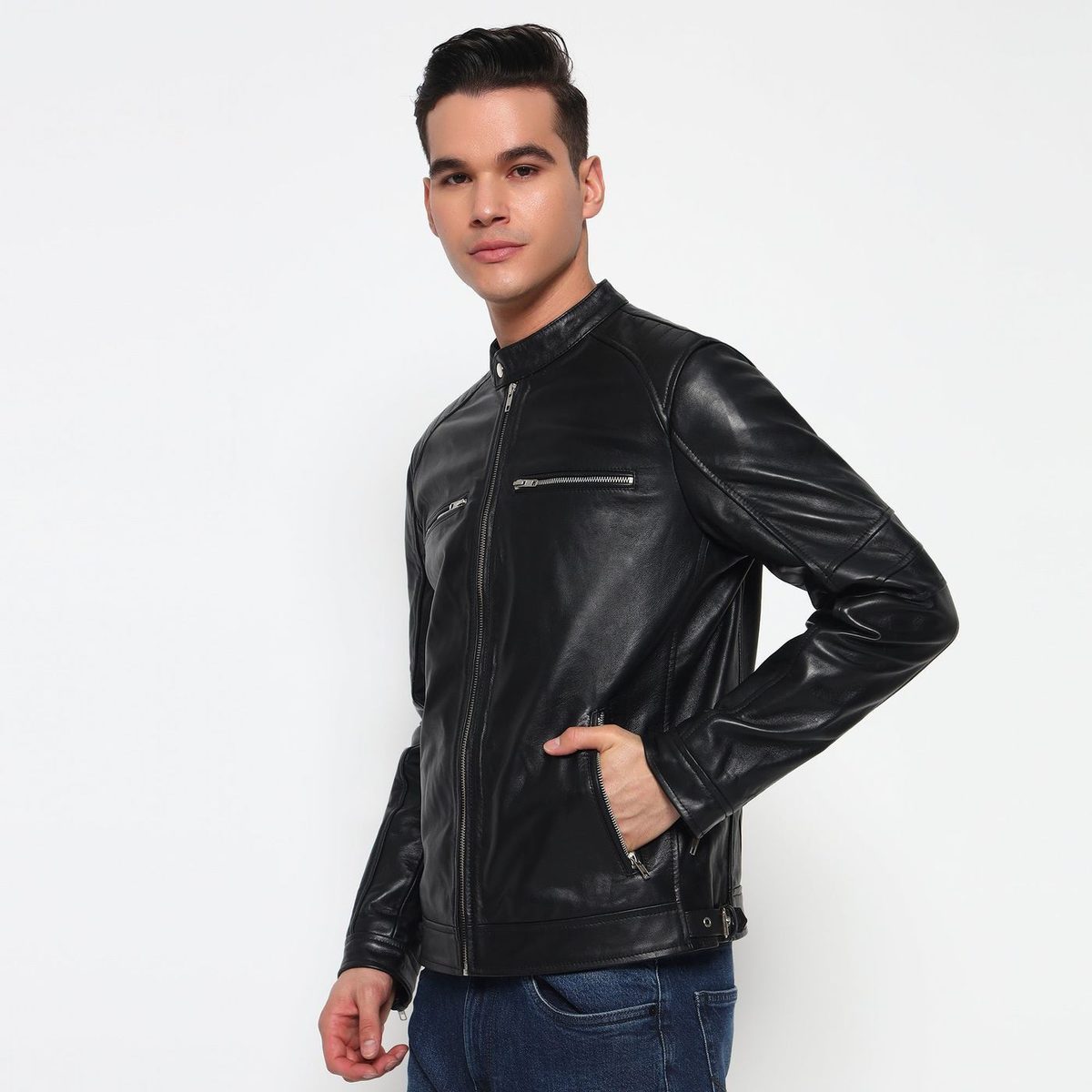 Phantom Black Leather Bomber Jacket thumbnail 4