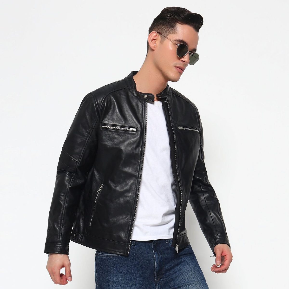 Phantom Black Leather Bomber Jacket thumbnail 5