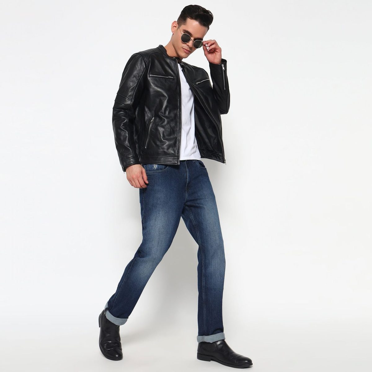 Phantom Black Leather Bomber Jacket thumbnail 8