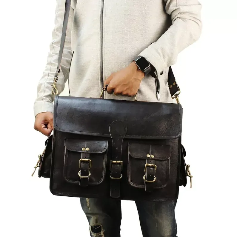 IndiFash - 11*15 Inch 4 Pockets Handcrafted Leather Bag| 100% Genuine Leather