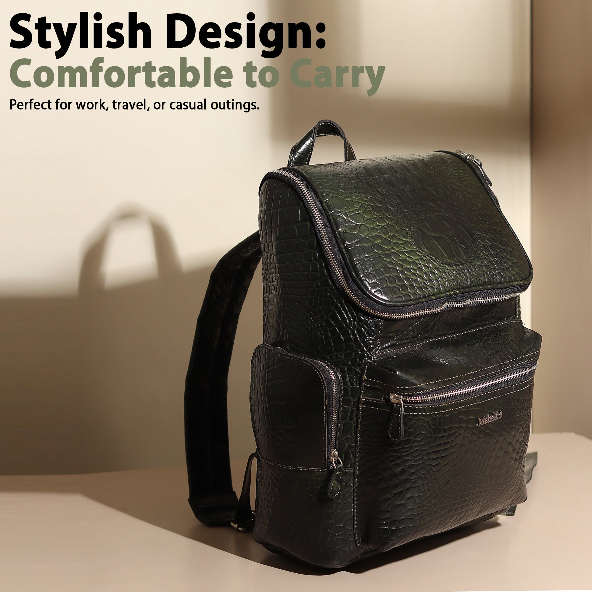 Regal Crocodile Texture Laptop Backpack, Dark Green thumbnail 2