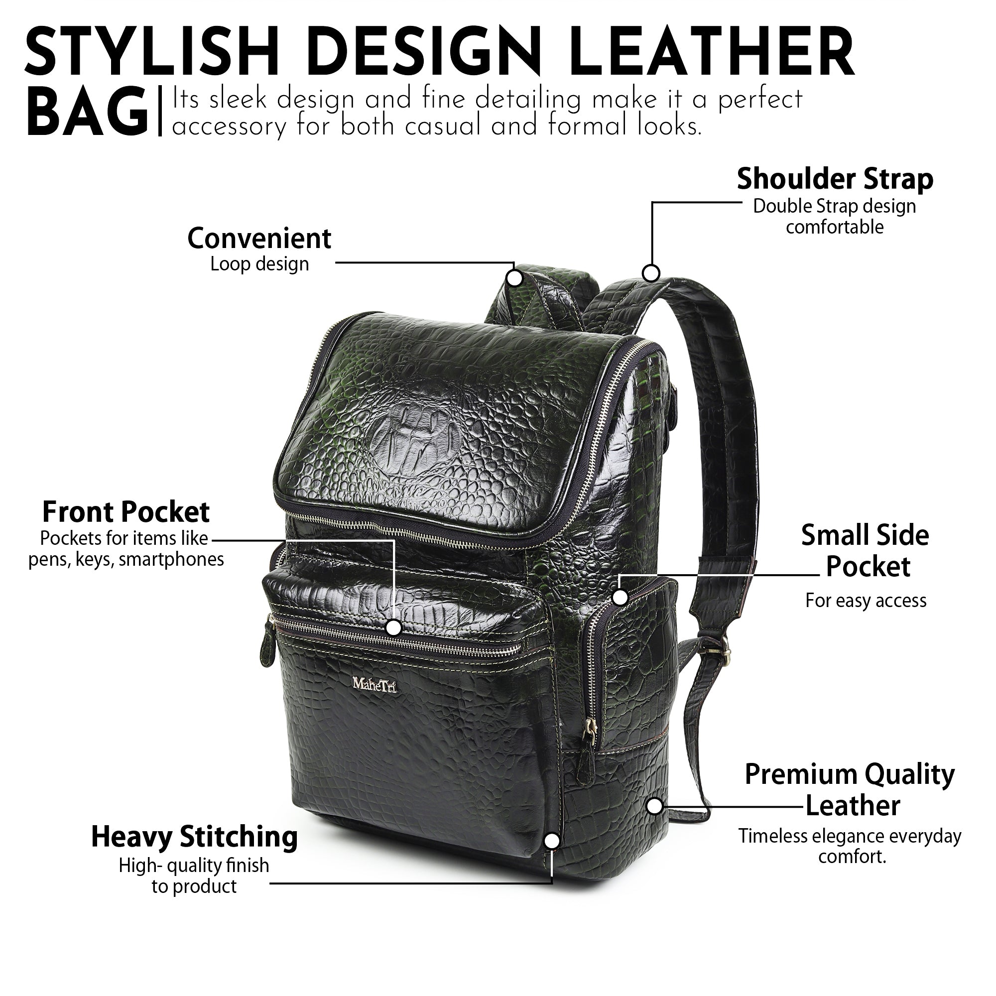 Regal Crocodile Texture Laptop Backpack, Dark Green thumbnail 3