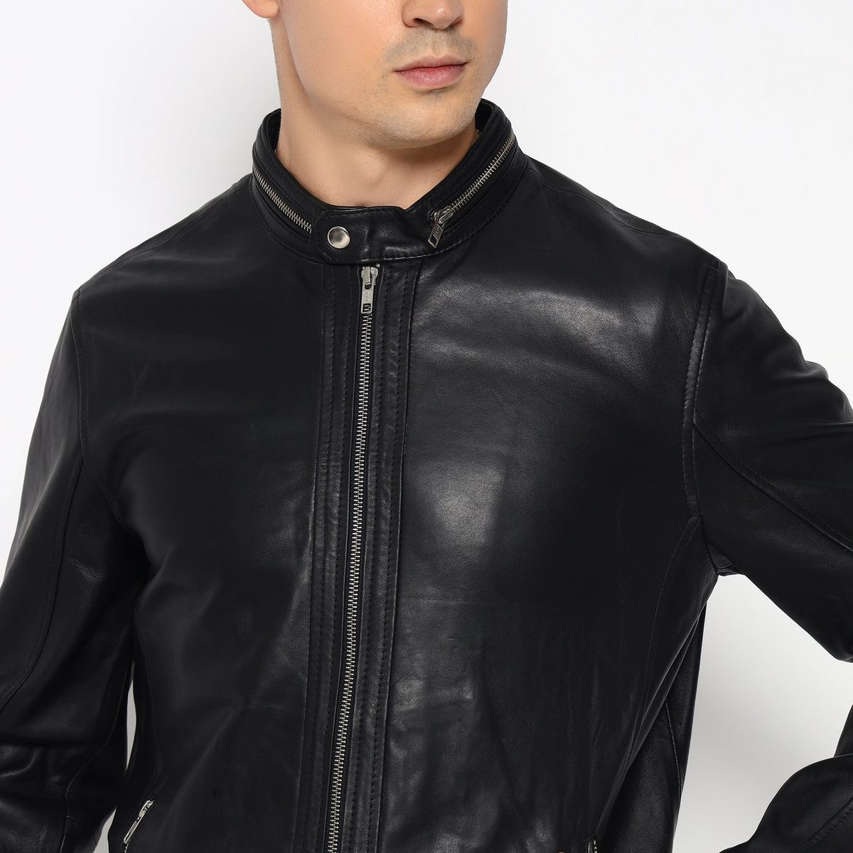Stylish Men’S Black Bomber Leather Jacket thumbnail 2