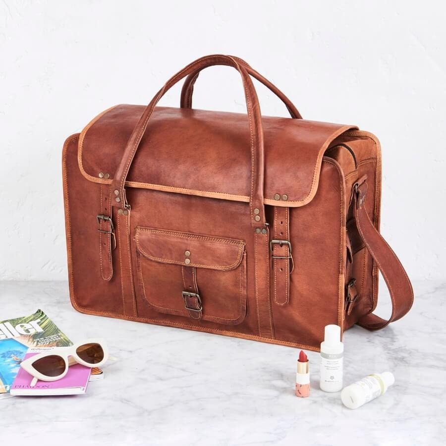 IndiFash - 20 Inch Handcrafted Travel Duffle Goat Leather Bag | 100 Genuine Leather thumbnail 2