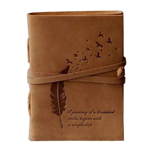 IndiFash - Leather Diary Embossed With Leaf of Tree & a Quote Antique Handmade Leather Bound Diary cum Notepad for Men and Women Plain Paper of 5×7 Inch Size 240 Pages Perfect for Travel Diary