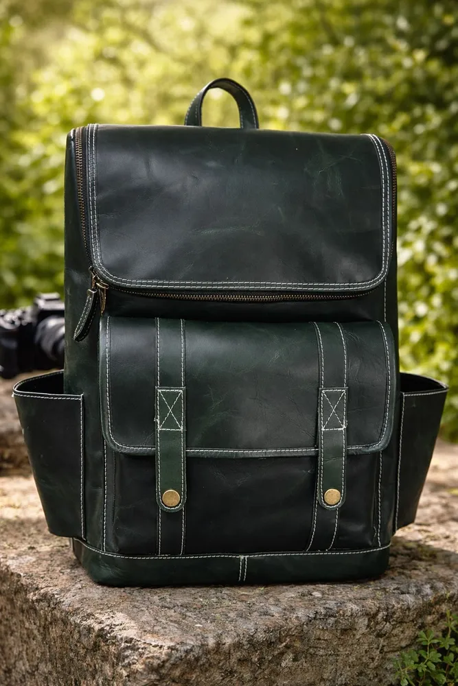 Vintage Leather Travel Backpack Dark Green