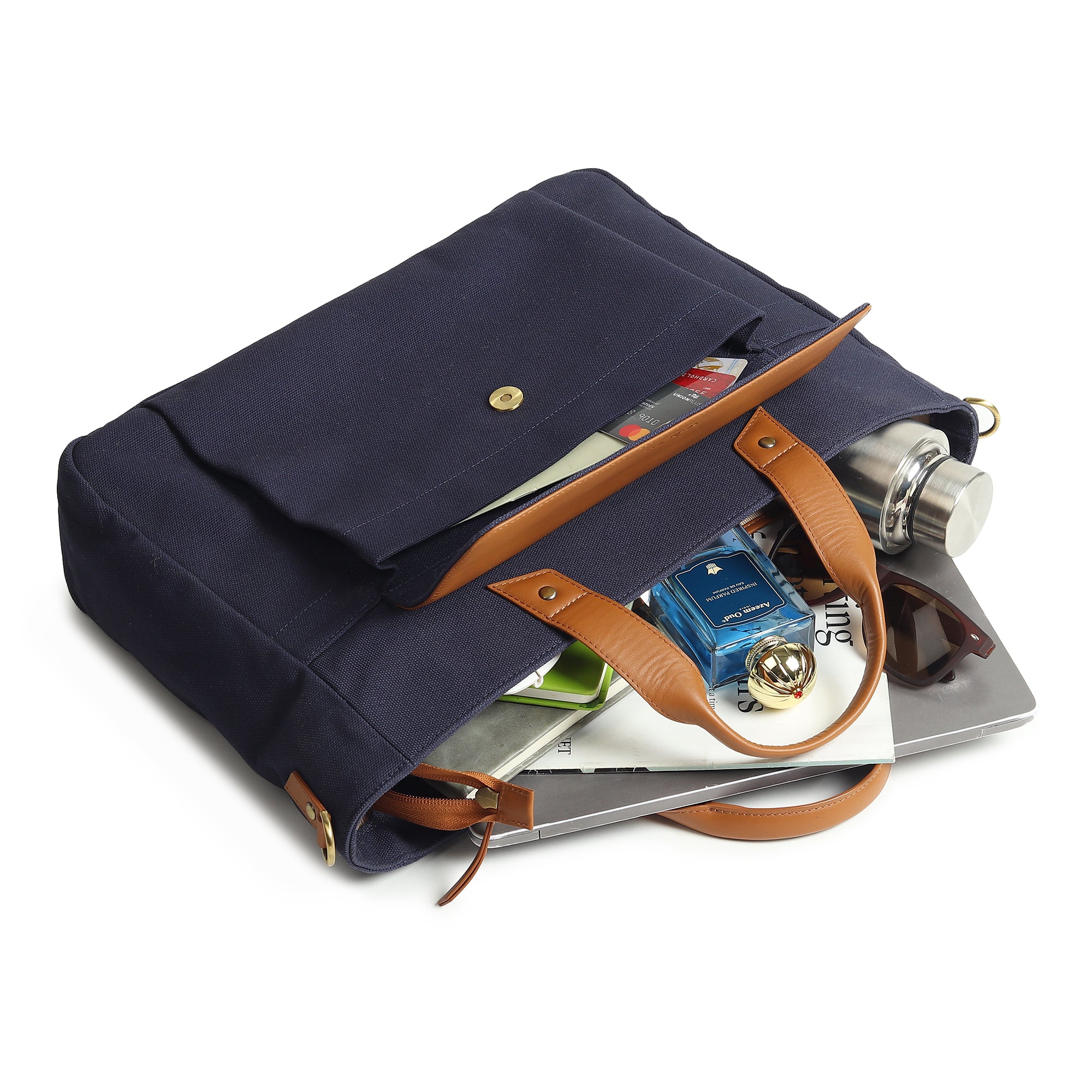 Voyager Canvas Leather Briefcase, Dark Blue thumbnail 2