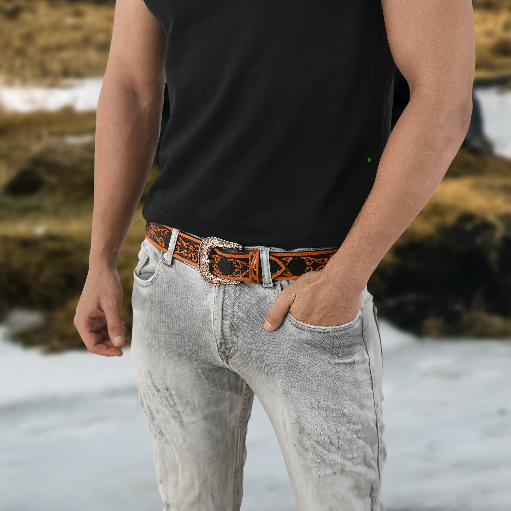 Western Cowboy Leather Belt - Black & Brown thumbnail 2