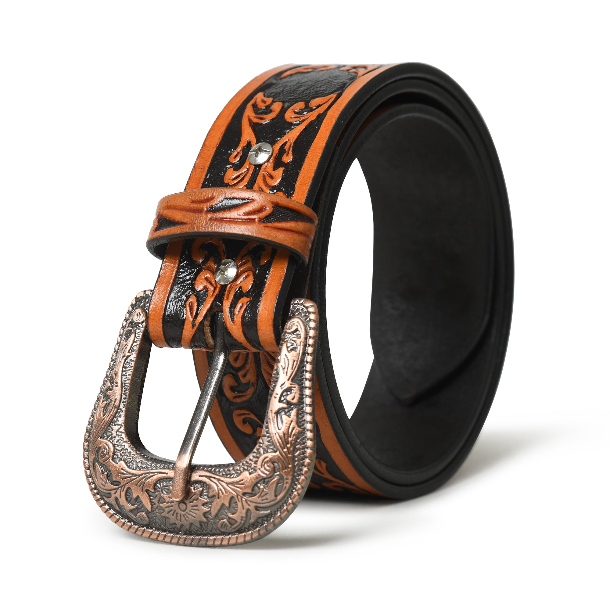 Western Cowboy Leather Belt - Black & Brown thumbnail 37