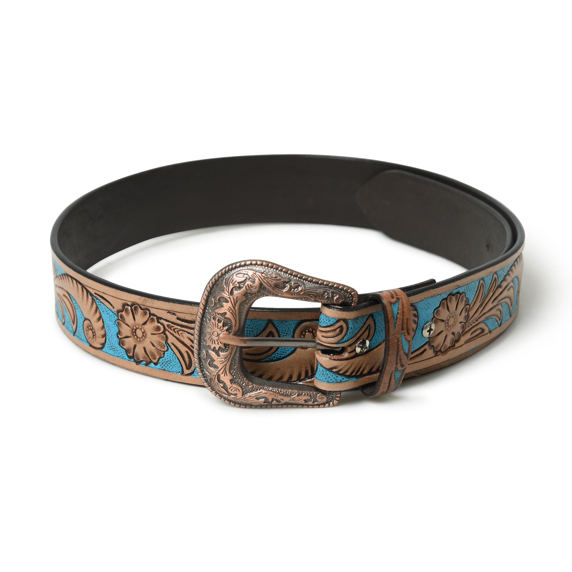Western Cowboy Leather Belt - Blue & Brown thumbnail 3