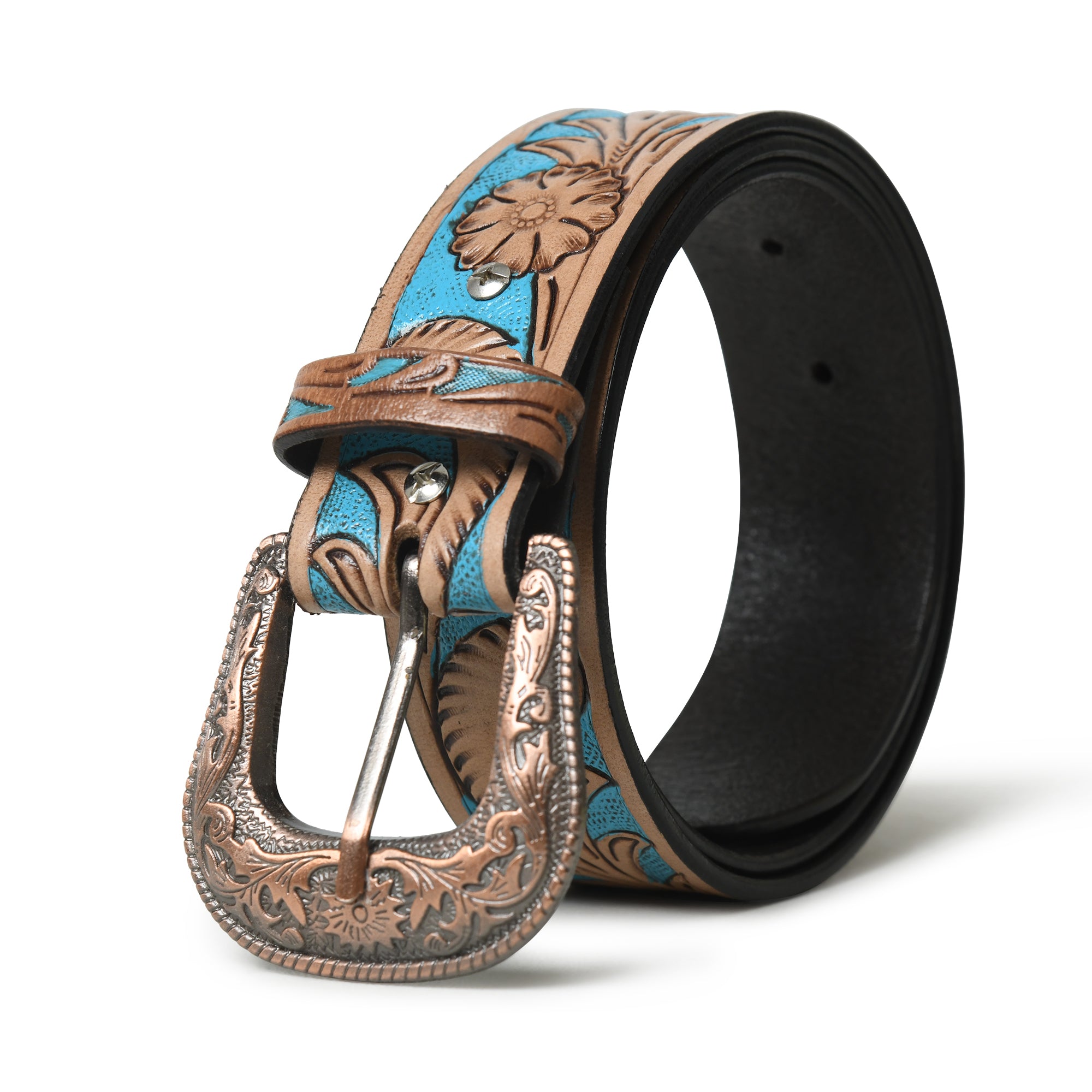 Western Cowboy Leather Belt - Blue & Brown thumbnail 7