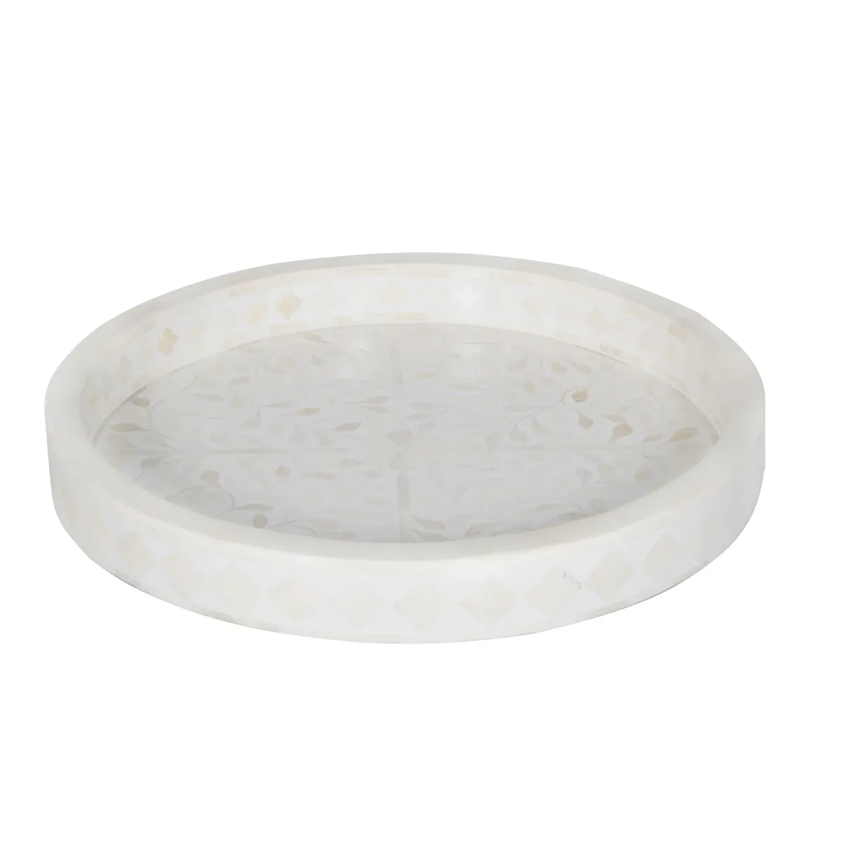 White Floral Bone Inlay Decorative Tray