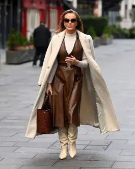 Amanda Holden seen at Global studios after the Heart Breakfast show in London – Leather Dress