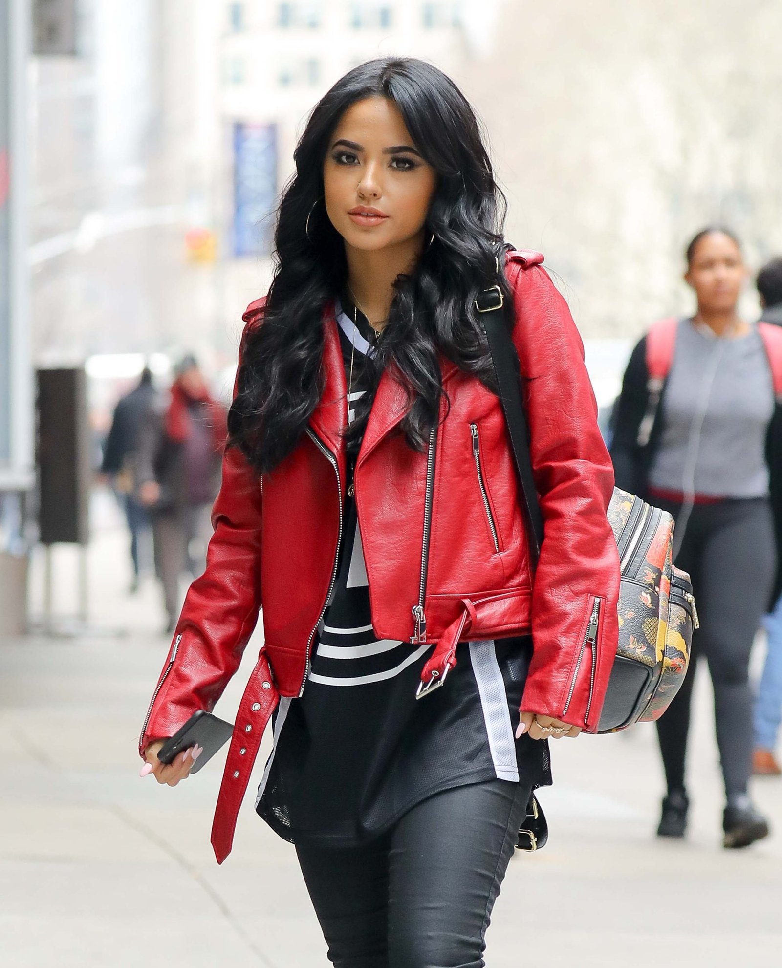Becky G out and about in a cold day in NYC - Leather Jacket