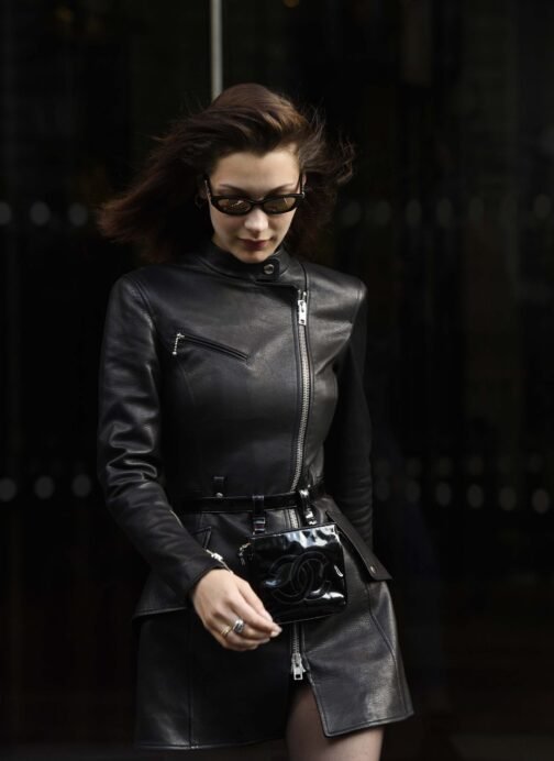 Bella Hadid leaving her hotel in Paris - Leather Dress - Image 5