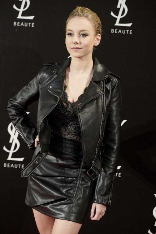 Ester Exposito at Yves Saint Laurent Beaut·The Slim Rouge PurCouture Party - Leather Jacket