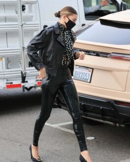Hailey Baldwin at stylist Maeve Reilly? office in Los Angeles – Leather Jacket