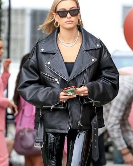 Hailey Baldwin leaving Nine Zero One salon – Leather Jacket